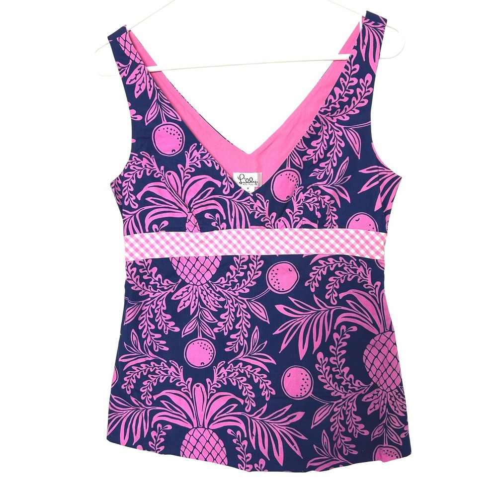 Lilly Pulitzer Tank Top Women's 4 Navy Pink Pineapple Floral Y2k vacation cruise